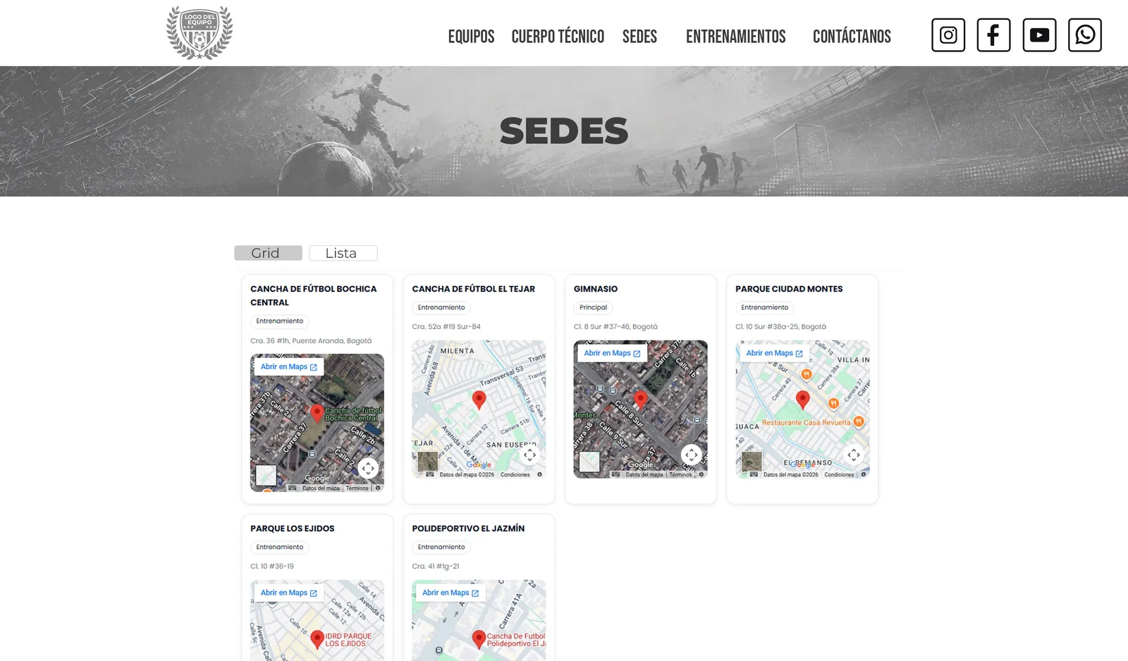 Every venue with its address and its map. Parents tap "Open in Maps" and directions start.